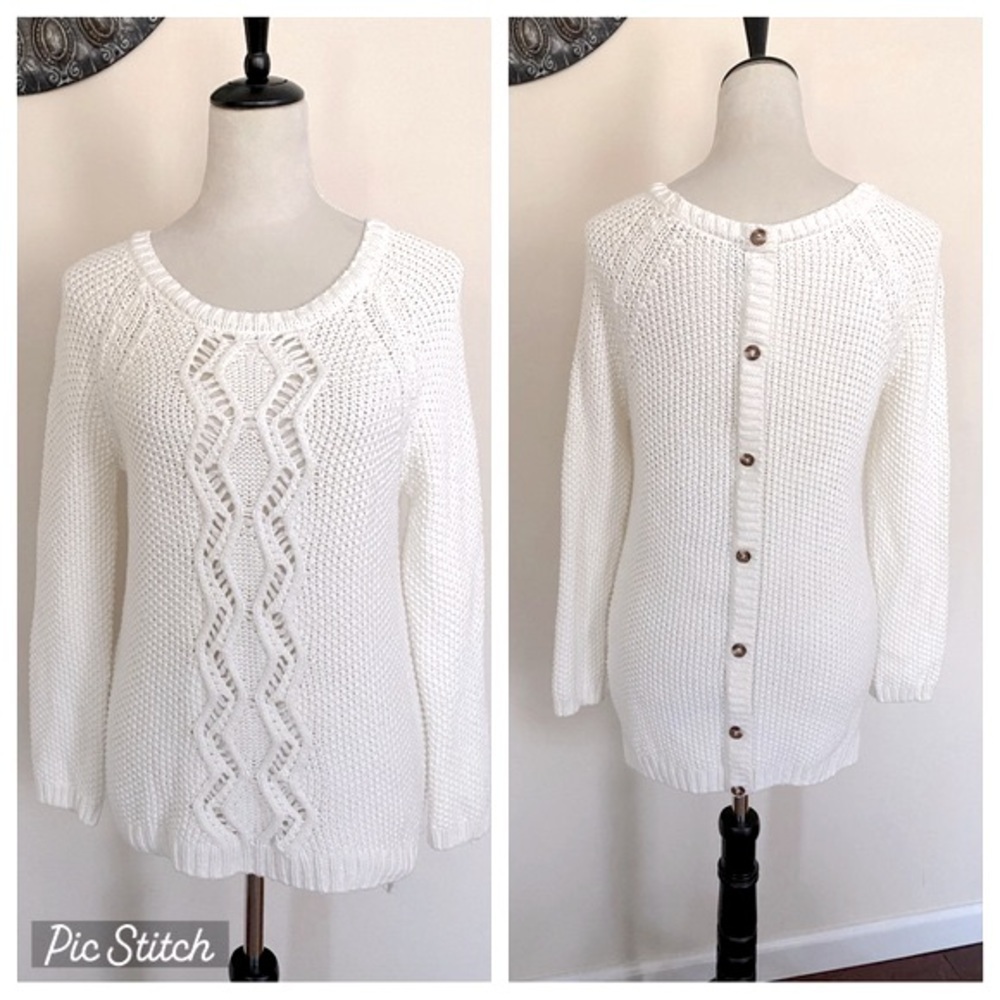Cynthia Rowley White Crew Neck Sweater with Intricate Knit and Button Back